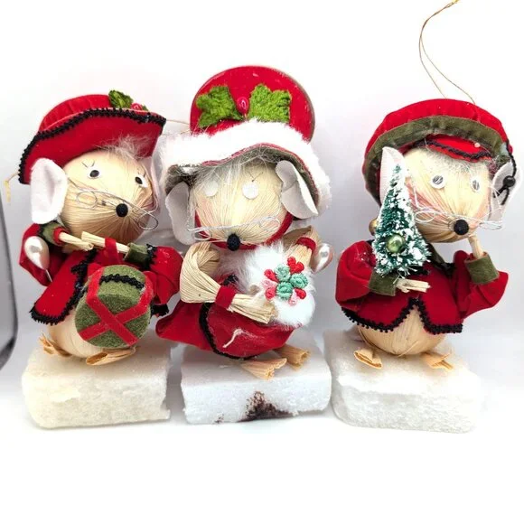 Vintage KURT ADLER Christmas Ornament Corn Husk Mice Trio, Corn Husk Mouse